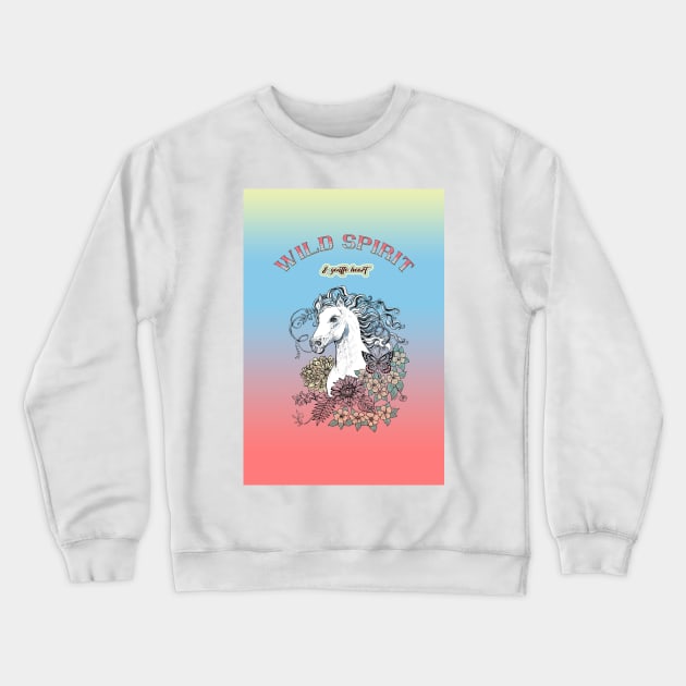 Wild Spirit and Gentle Heart - White Horse and Flowers Crewneck Sweatshirt by FanitsaArt